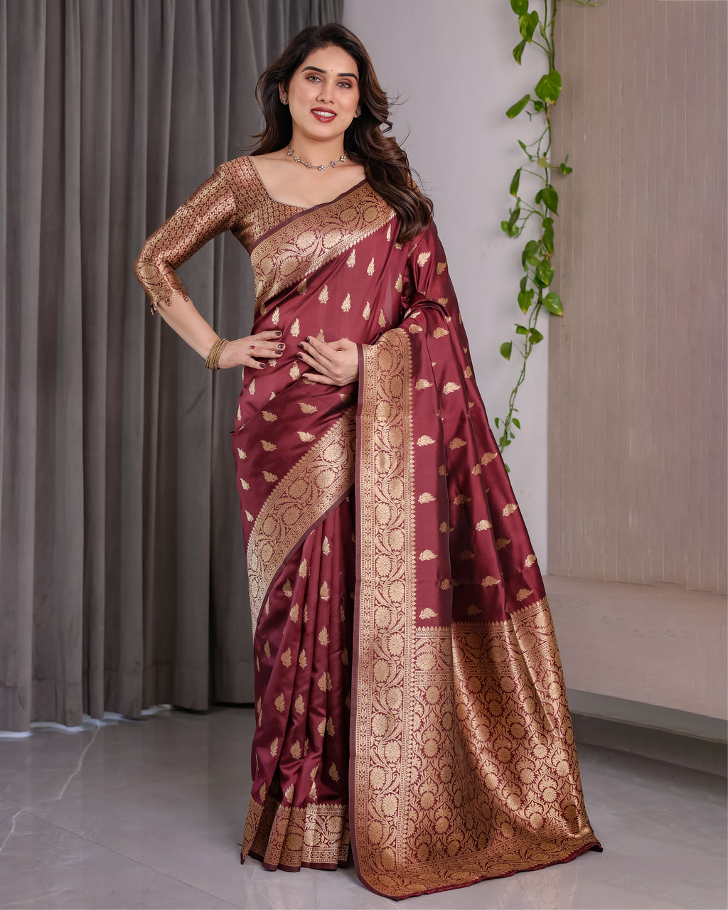 Maroon Banarasi Style Lichi Silk Saree with Gold Zari Woven Border & Blouse Piece