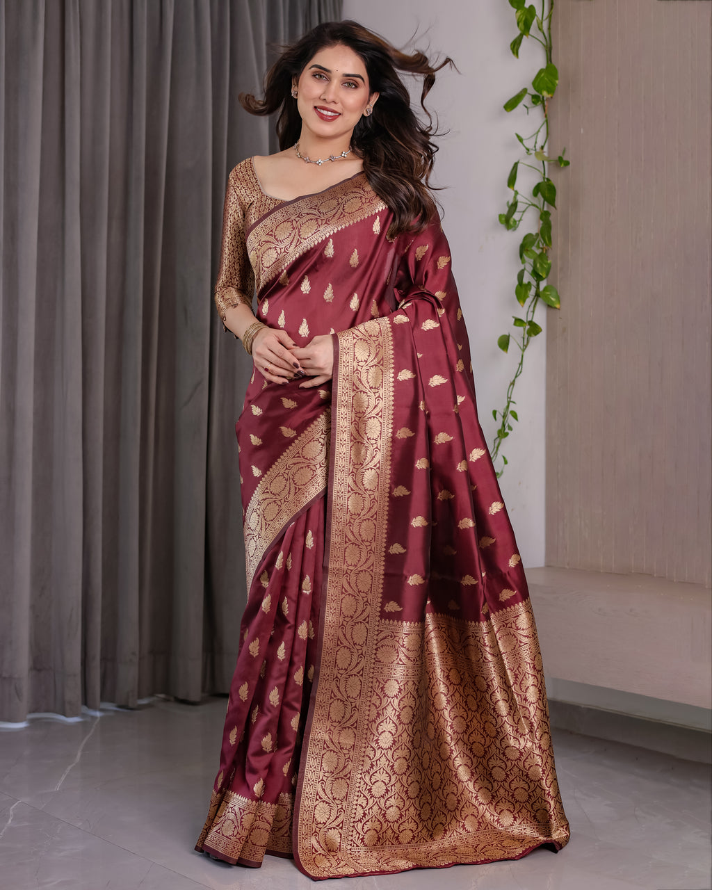 Maroon Banarasi Style Lichi Silk Saree with Gold Zari Woven Border & Blouse Piece