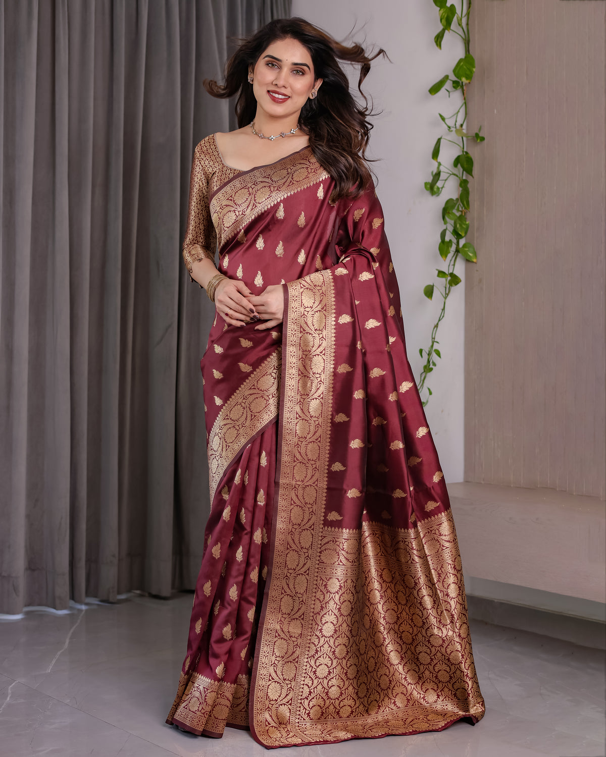 Maroon Banarasi Style Lichi Silk Saree with Gold Zari Woven Border & Blouse Piece
