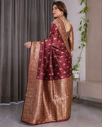 Maroon Banarasi Style Lichi Silk Saree with Gold Zari Woven Border & Blouse Piece
