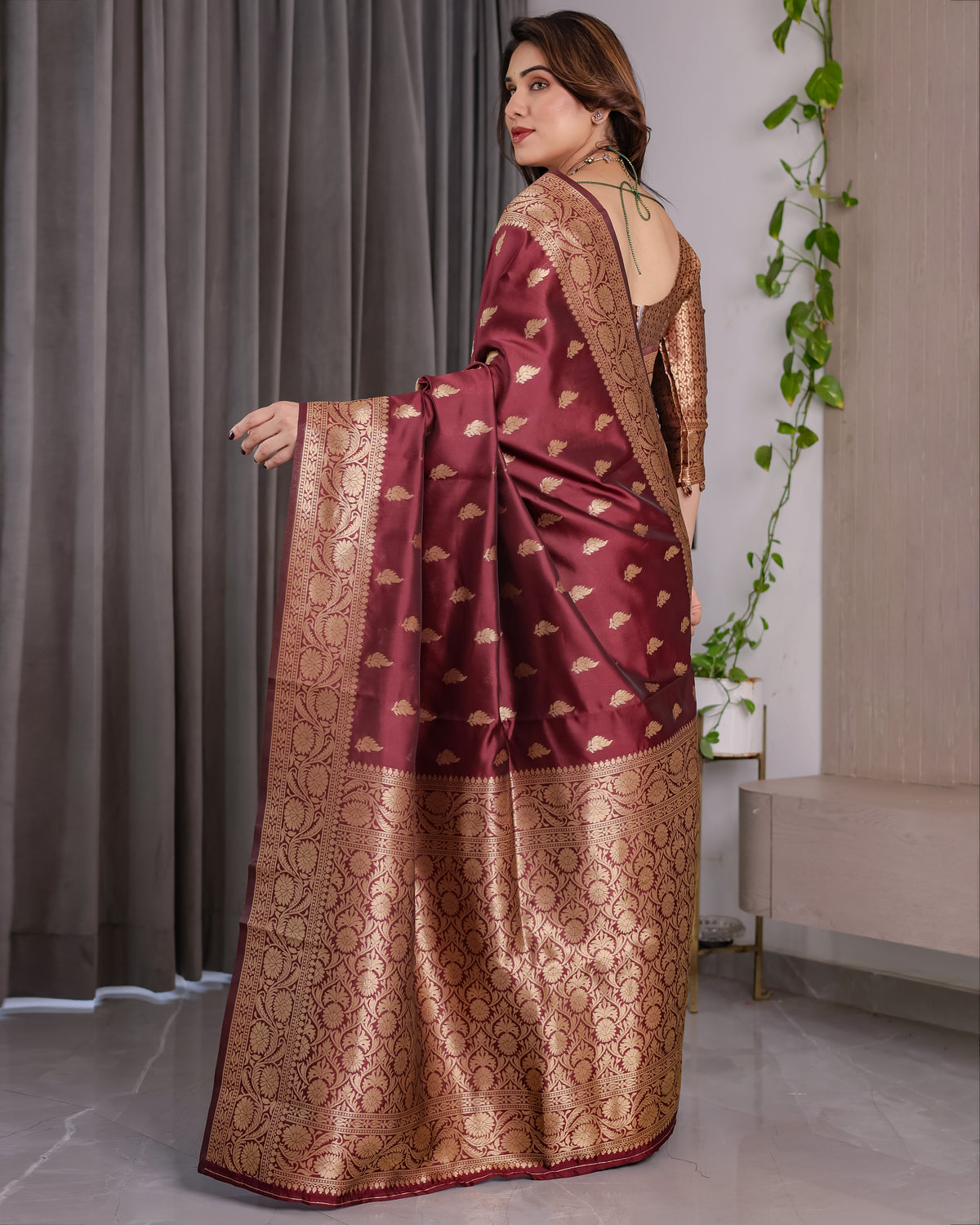 Maroon Banarasi Style Lichi Silk Saree with Gold Zari Woven Border & Blouse Piece
