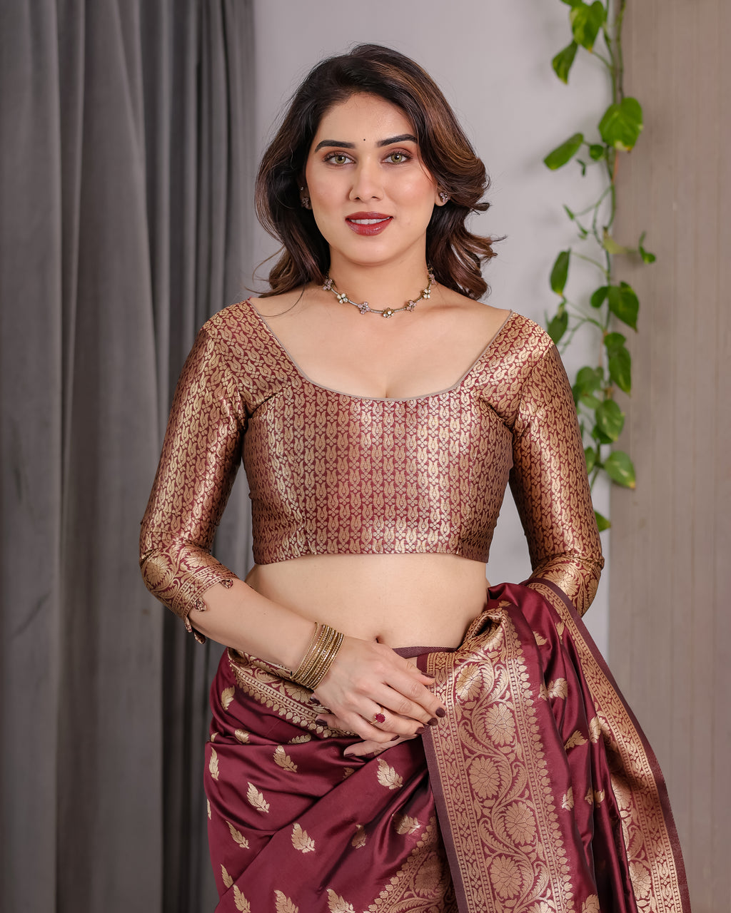 Maroon Banarasi Style Lichi Silk Saree with Gold Zari Woven Border & Blouse Piece