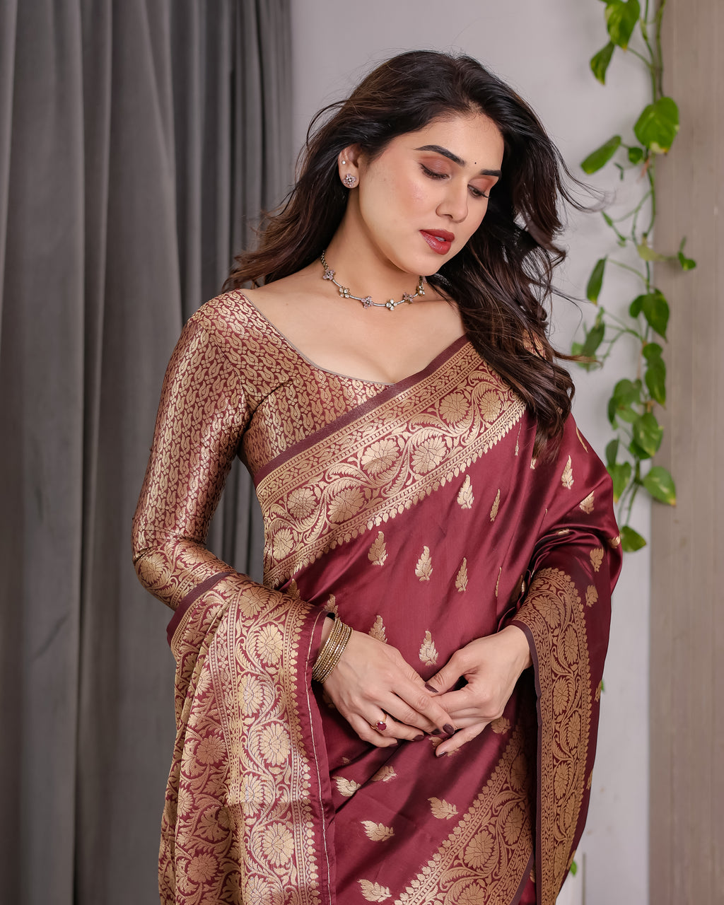 Maroon Banarasi Style Lichi Silk Saree with Gold Zari Woven Border & Blouse Piece
