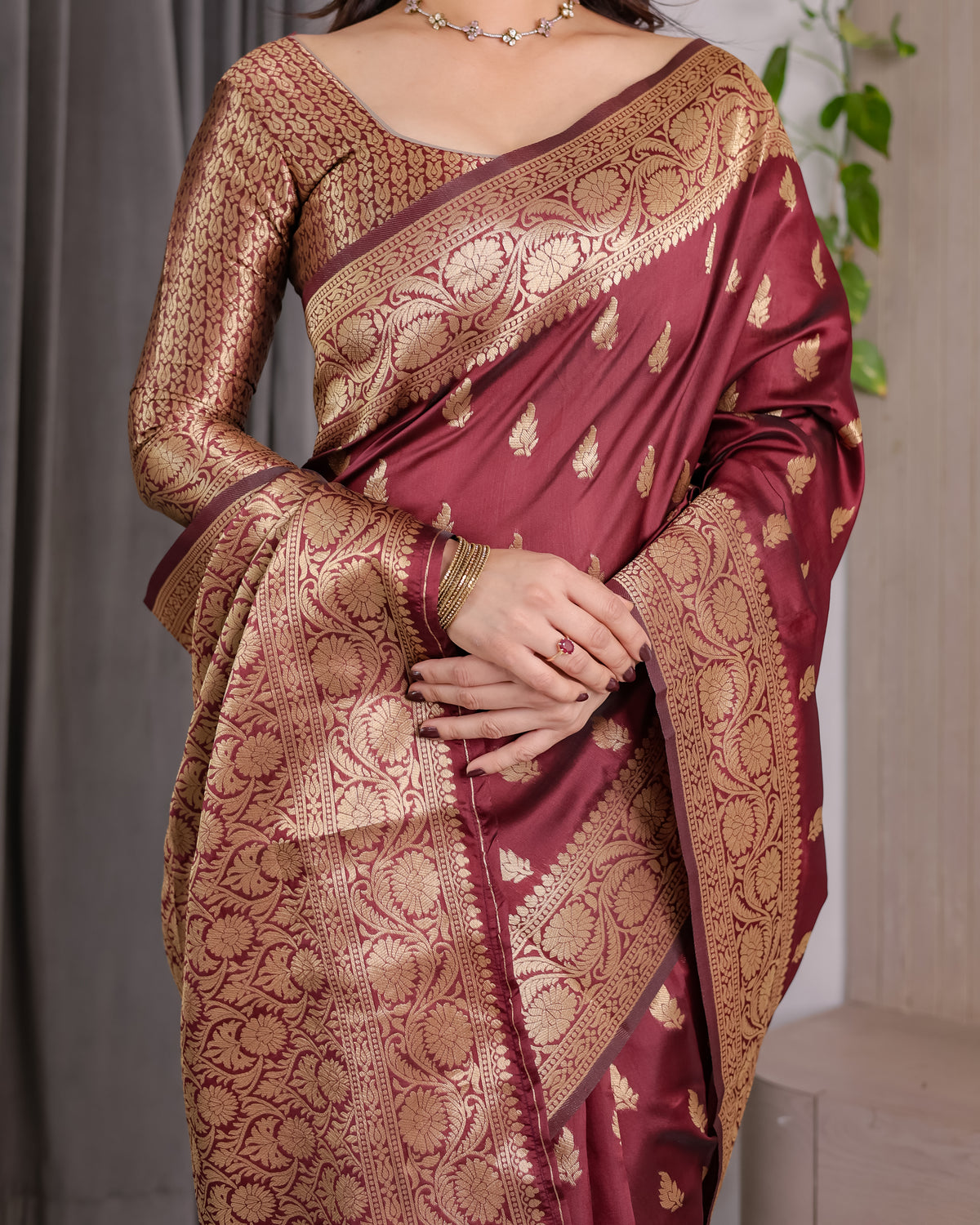 Maroon Banarasi Style Lichi Silk Saree with Gold Zari Woven Border & Blouse Piece