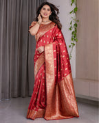 Red Banarasi Style Lichi Silk Saree with Gold Zari Woven Border & Blouse Piece