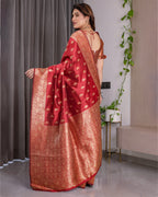 Red Banarasi Style Lichi Silk Saree with Gold Zari Woven Border & Blouse Piece