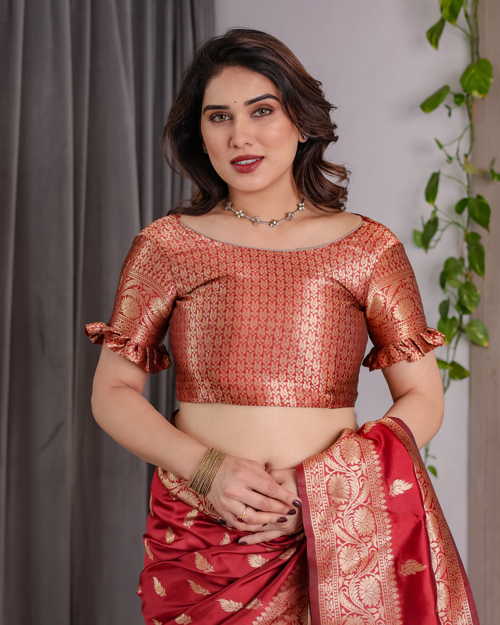 Red Banarasi Style Lichi Silk Saree with Gold Zari Woven Border & Blouse Piece