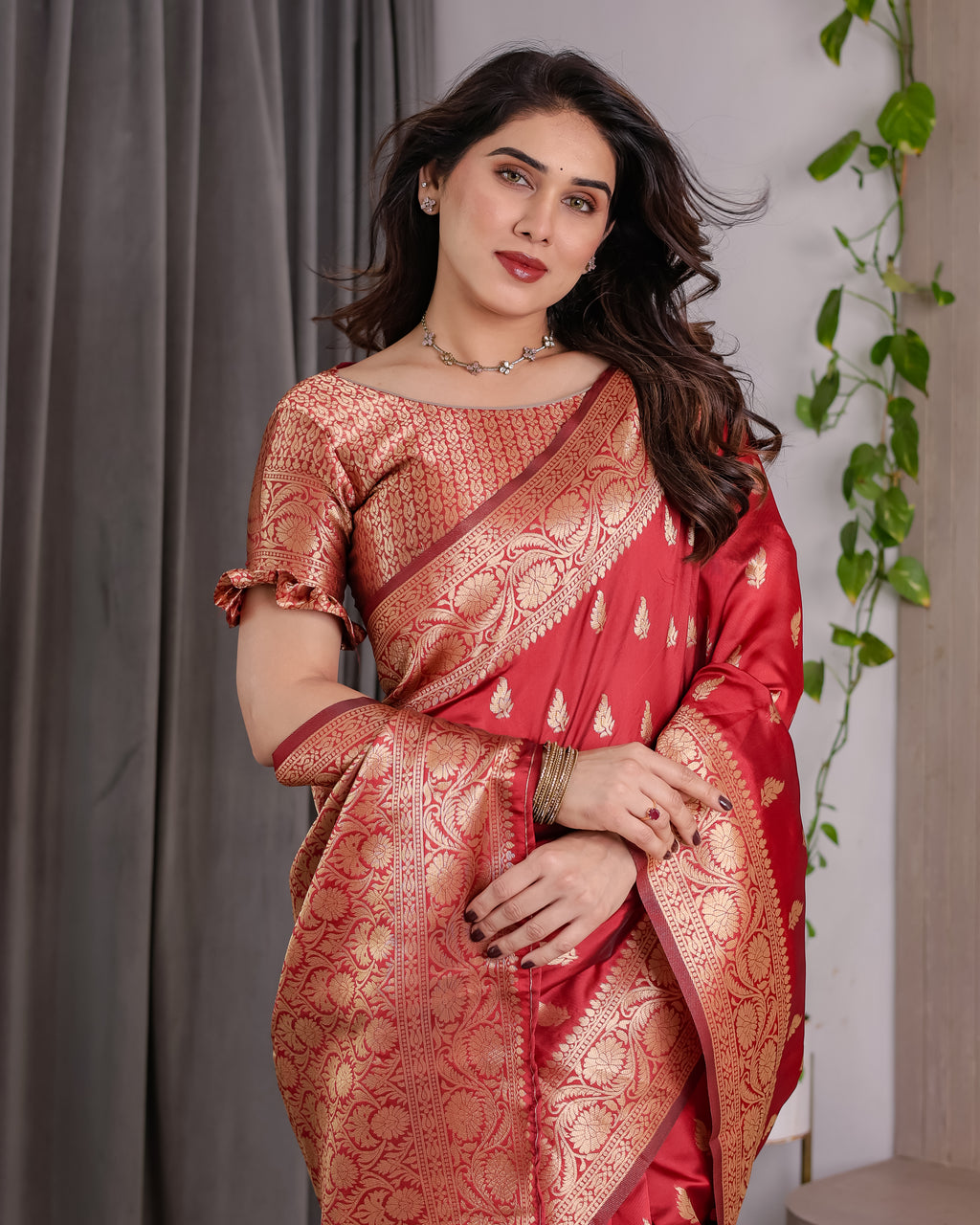 Red Banarasi Style Lichi Silk Saree with Gold Zari Woven Border & Blouse Piece