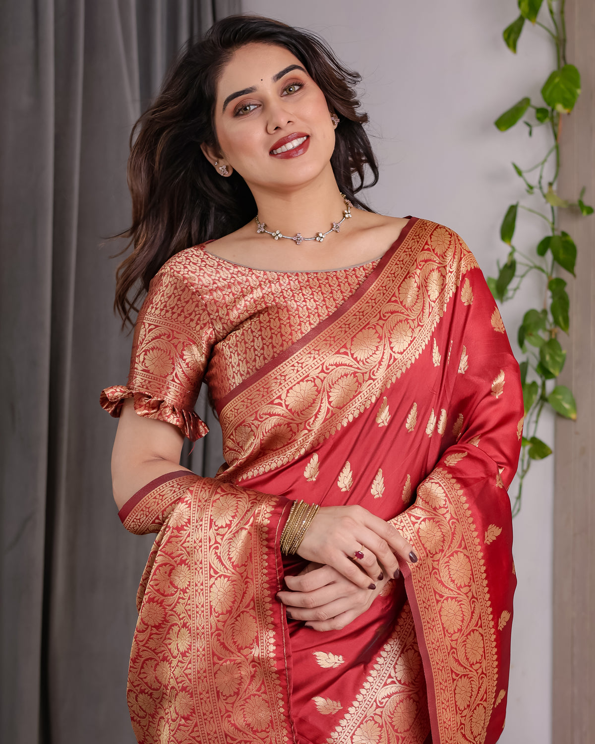 Red Banarasi Style Lichi Silk Saree with Gold Zari Woven Border & Blouse Piece