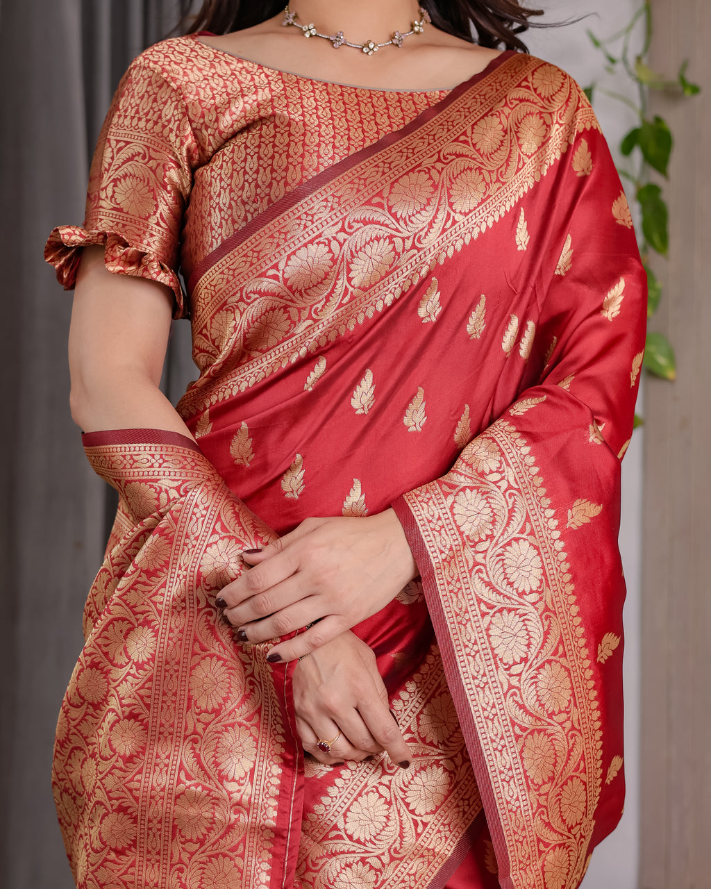 Red Banarasi Style Lichi Silk Saree with Gold Zari Woven Border & Blouse Piece
