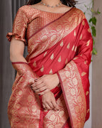 Red Banarasi Style Lichi Silk Saree with Gold Zari Woven Border & Blouse Piece