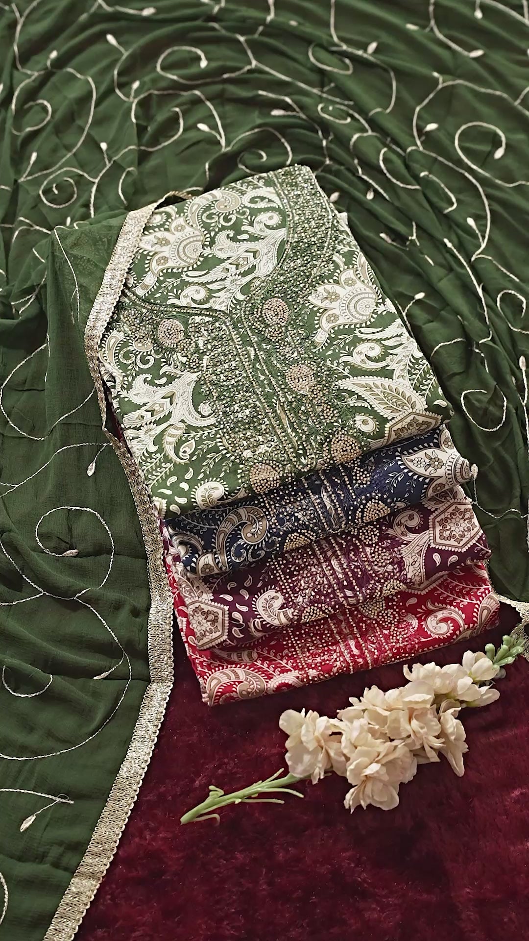 Midnight Blue Jam Cotton Embroidered Suit with Swarovski-Style Diamond